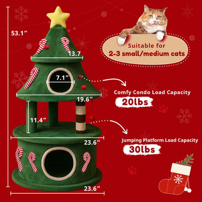 Comhoma 50 Inches Cat Tree for Indoor Kitty,Tower with 2 Condos, Christmas Tree Party Decoration, Activity Center Play House and Beds