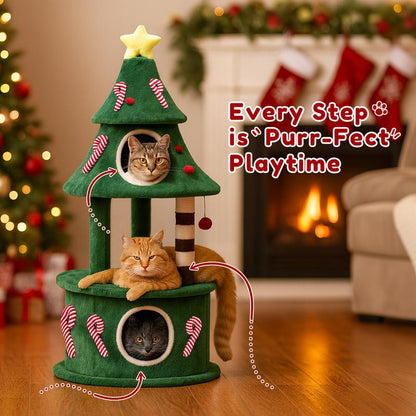 Comhoma 50 Inches Cat Tree for Indoor Kitty,Tower with 2 Condos, Christmas Tree Party Decoration, Activity Center Play House and Beds