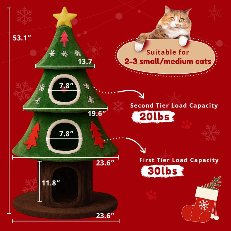 Comhoma 50 Inches Cat Tree for Indoor Kitty,Tower with 2 Condos, Christmas Tree Party Decoration, Activity Center Play House and Beds